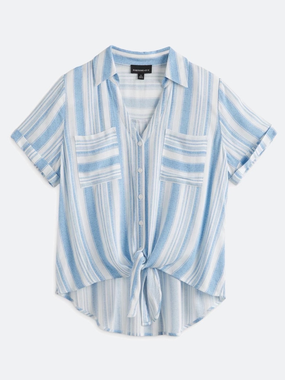 Fortune + Ivy Blue White Striped Tie Front Button Blouse Size L